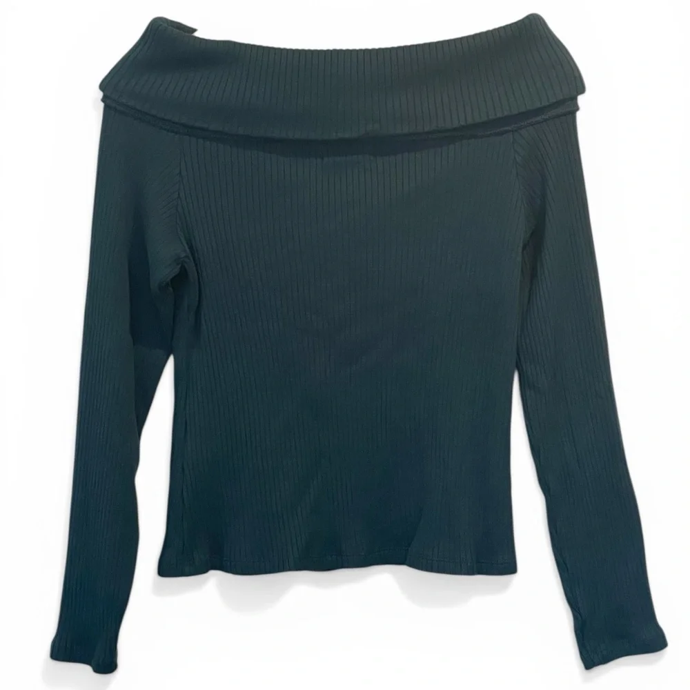 Madewell Ribbed Off-the-Shoulder Top, Teal Blue, Long Sleeve, Soft, Size Large, - Picture 3 of 13